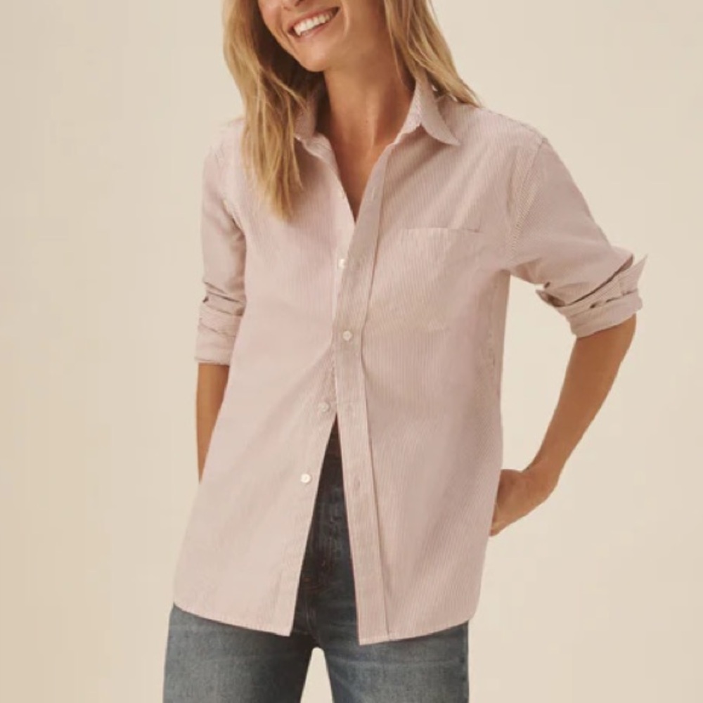 Buck Mason Katie’s Poplin Mainstay Shirt in White/Merlot Oakmont Stripe ♥️